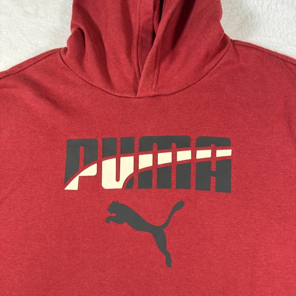 Puma Hoodie‎ Mens XL Burgundy Red Graphic Iconic Cat Logo Fleece Kangaroo Pocket